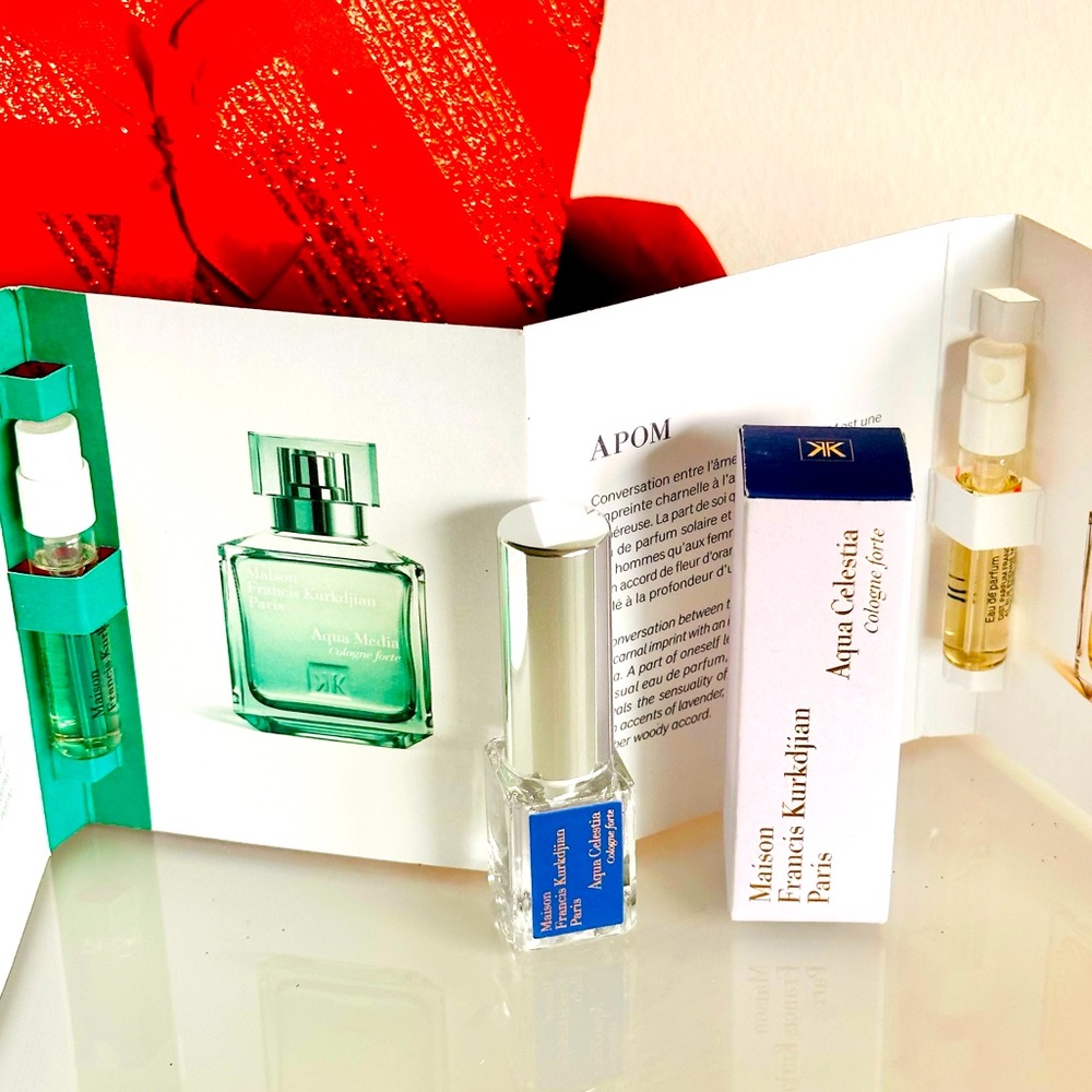Maison F Kurkdjian Aqua Celestia perfume bundle: miniature bottle & two samples